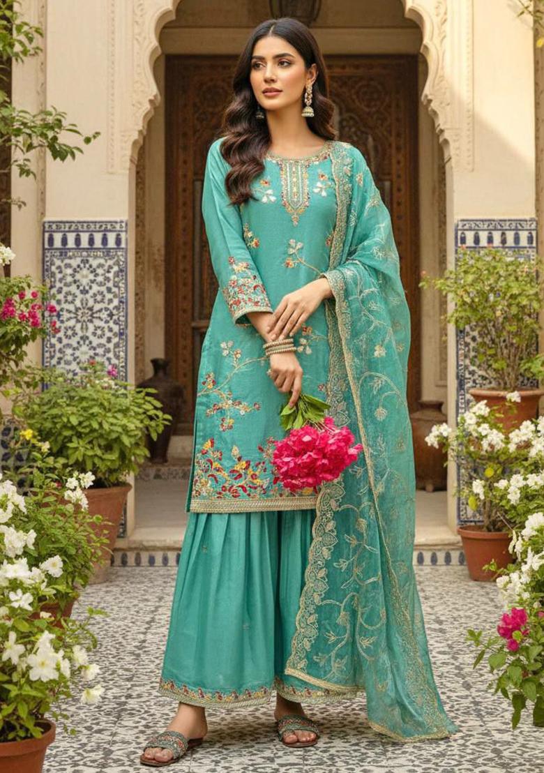 Blue Embroidery Silk Kurta Set - Indya