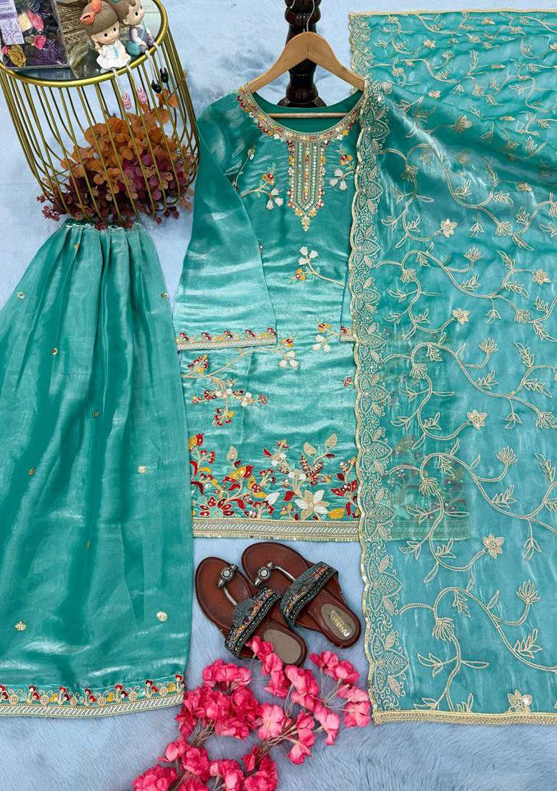 Blue Embroidered Silk Blend Sharara Set - Indya