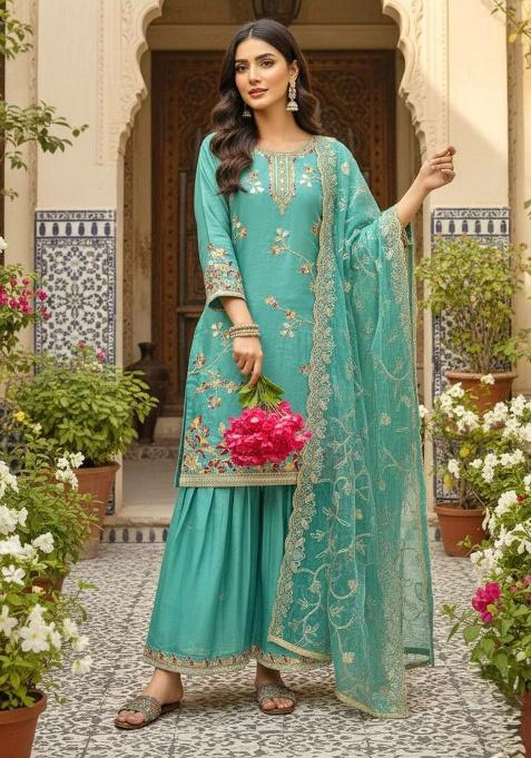 Blue Embroidery Silk Kurta Set