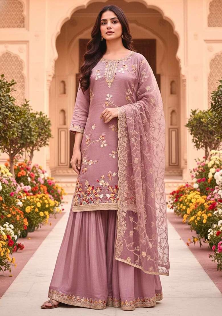 Pink Embroidered Silk Blend Sharara Set - Indya