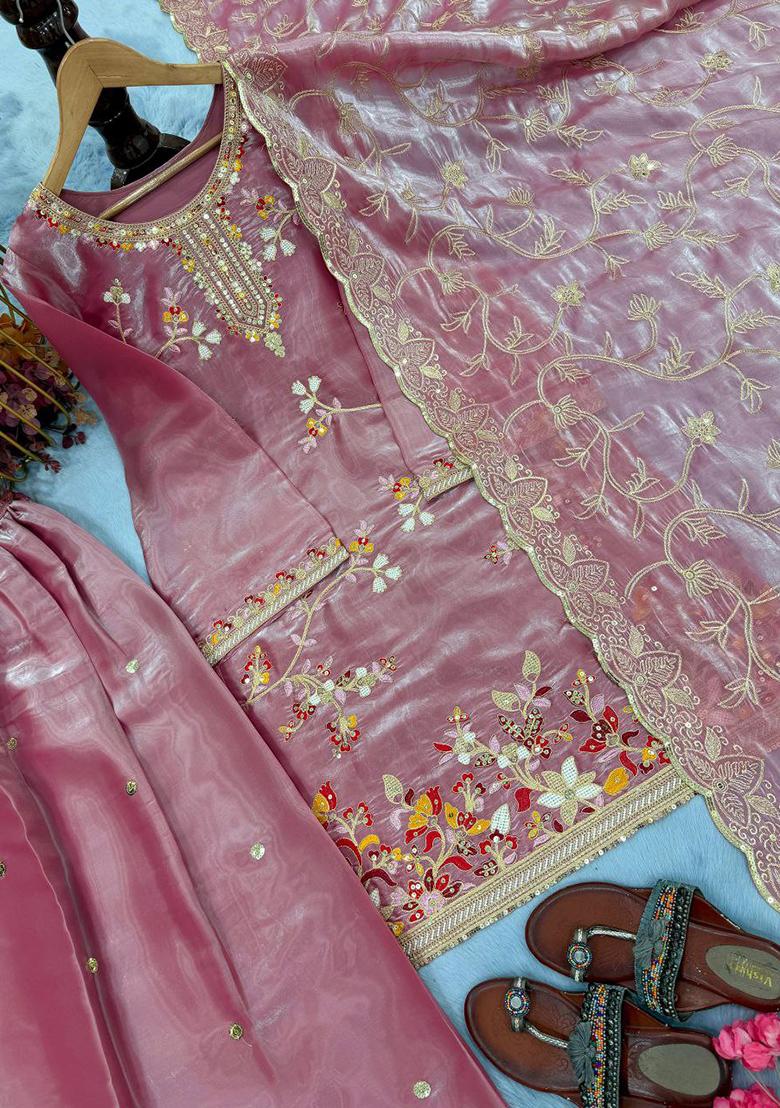 Pink Embroidery Silk Kurta Set - Indya