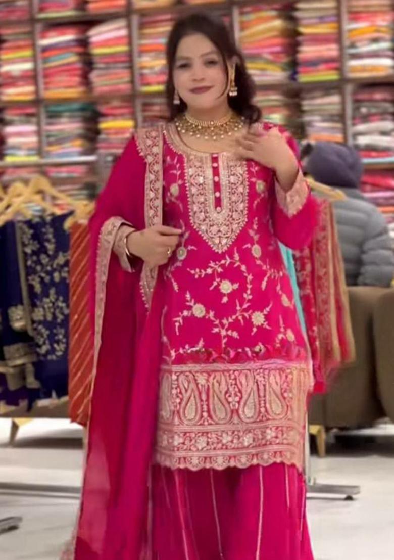 Pink Embroidery Silk Kurta Set - Indya