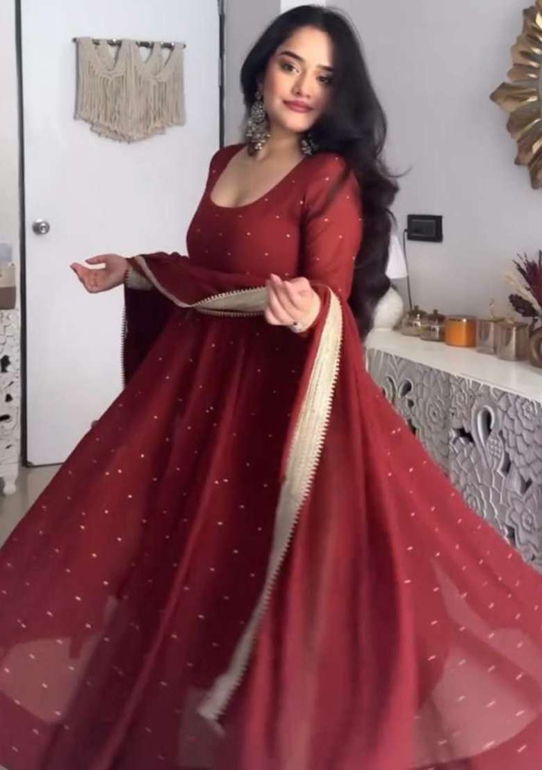 Maroon Sequin Work Silk Blend Anarkali Set - Indya