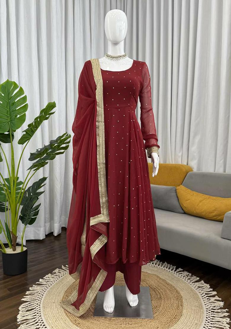 Maroon Embroidery Silk Kurta Set - Indya