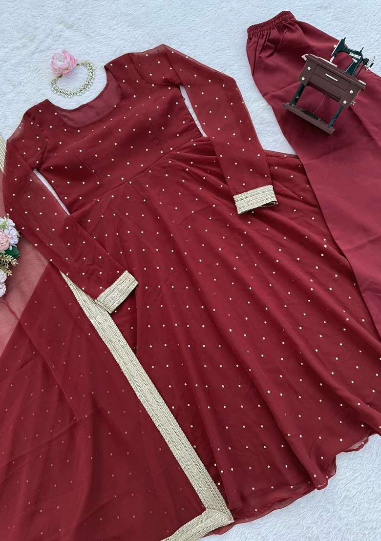 Maroon Sequin Work Silk Blend Anarkali Set - Indya