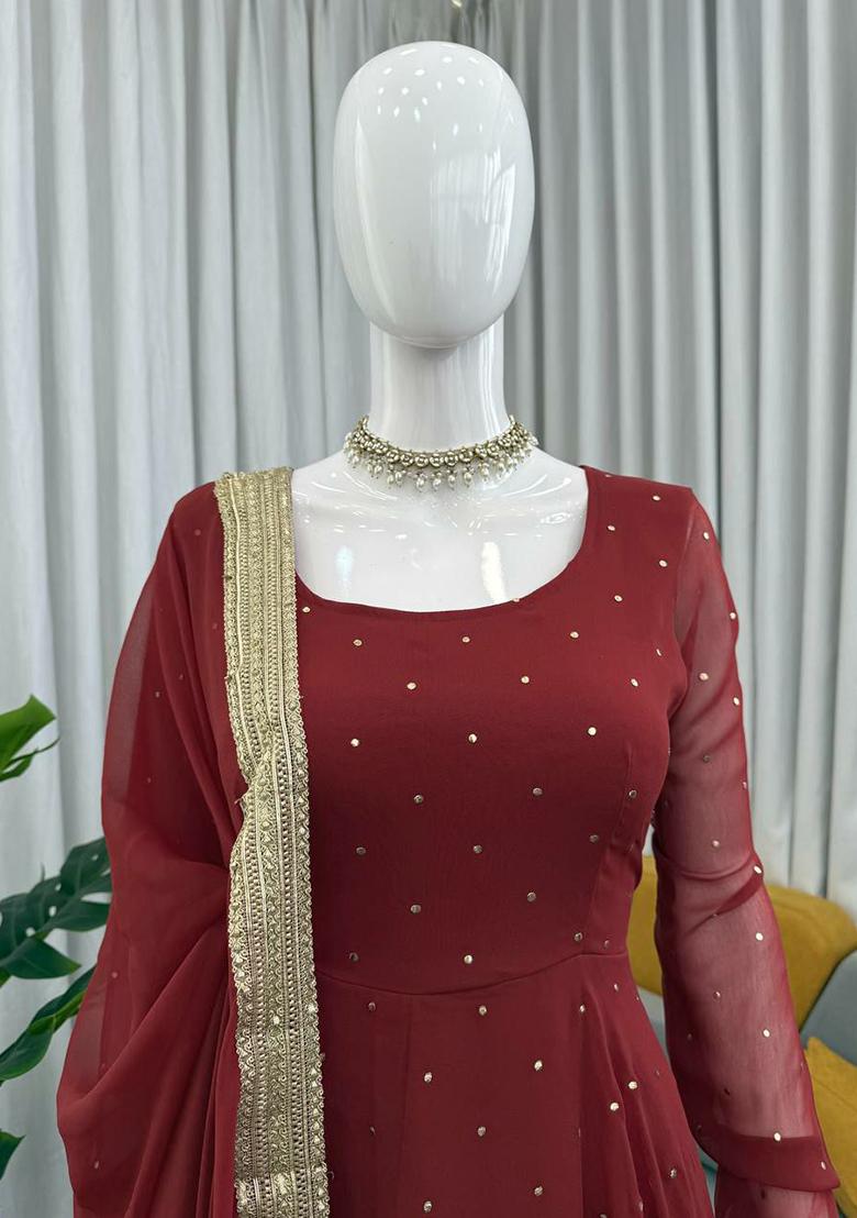 Maroon Embroidery Silk Kurta Set - Indya