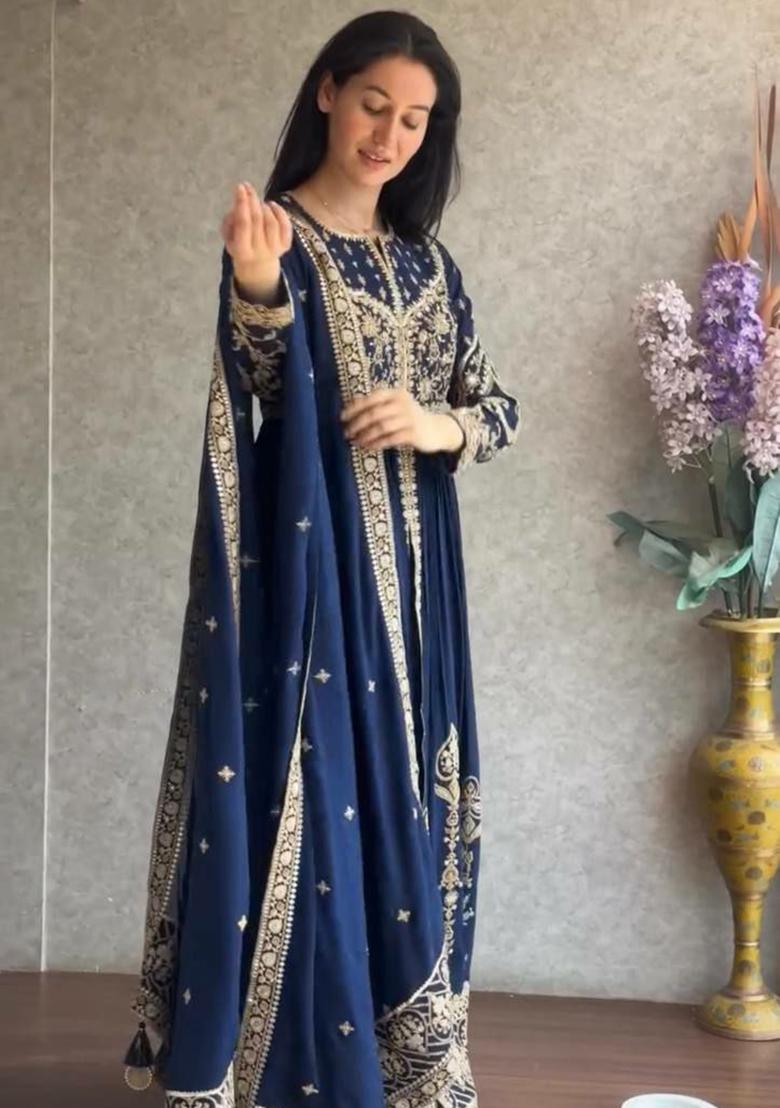 Dark Blue Embroidery Georgette Kurta Set - Indya