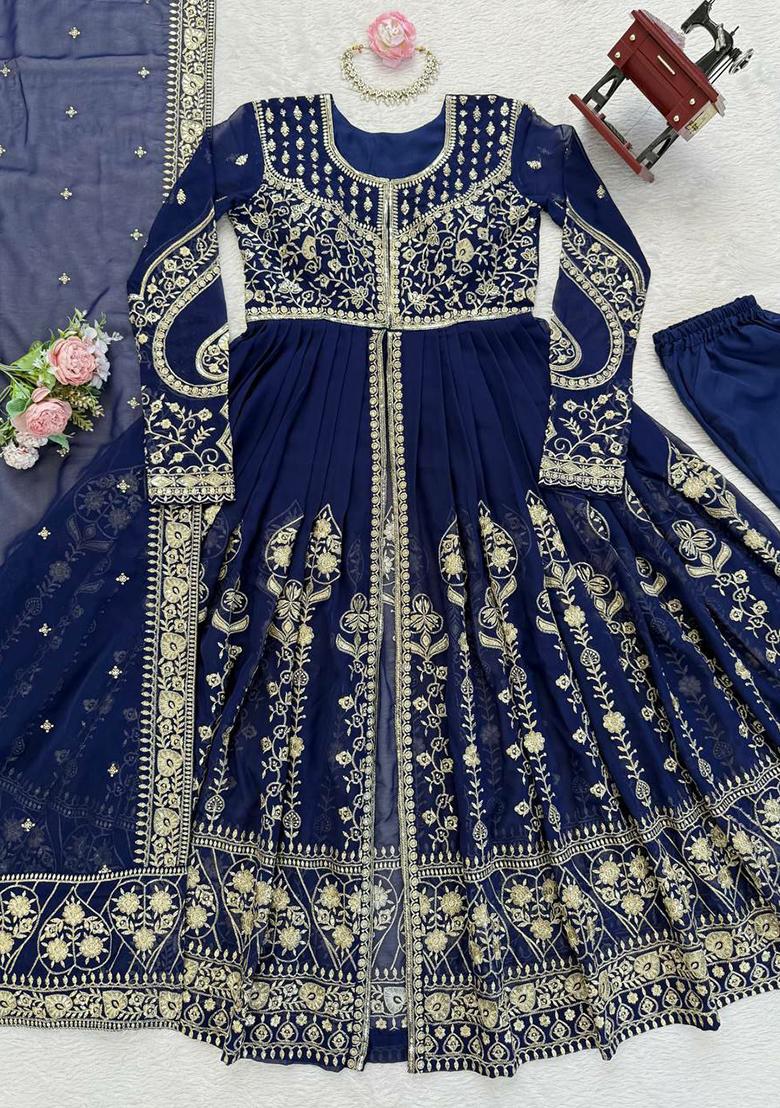 Dark Blue Embroidery Georgette Kurta Set - Indya