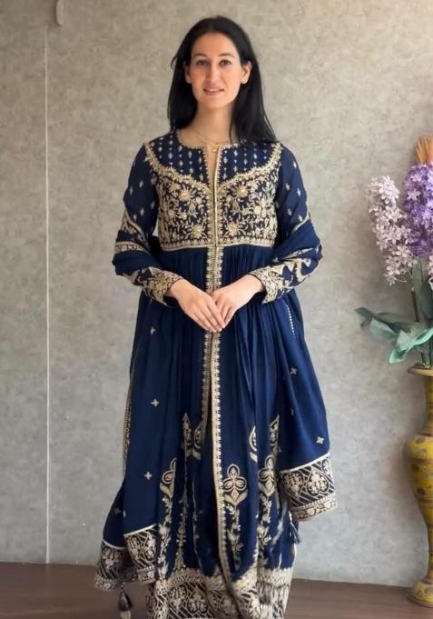 Dark Blue Embroidery Georgette Kurta Set