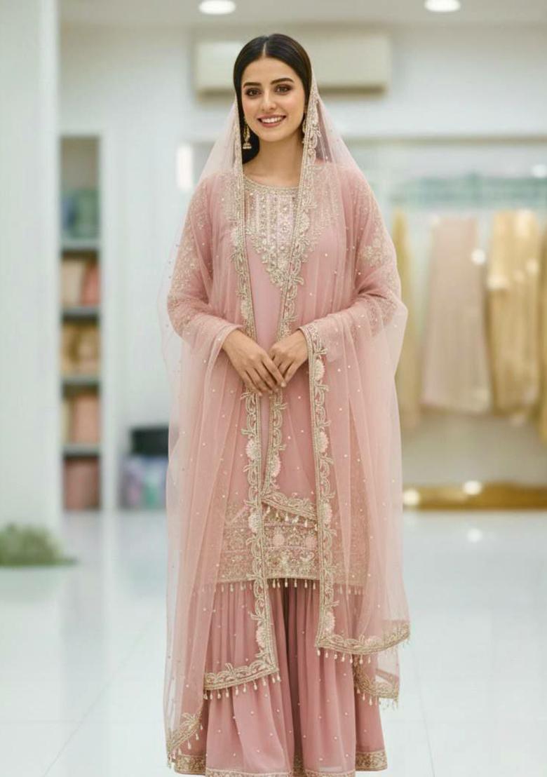 Pink Embroidery Georgette Kurta Set - Indya