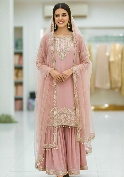 Pink Embroidered Georgette Sharara Set