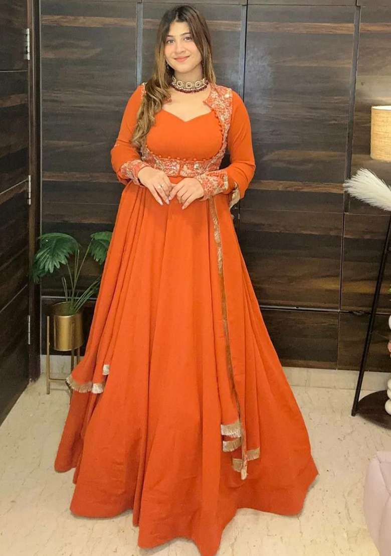 Orange Embroidered Georgette Anarkali Set - Indya