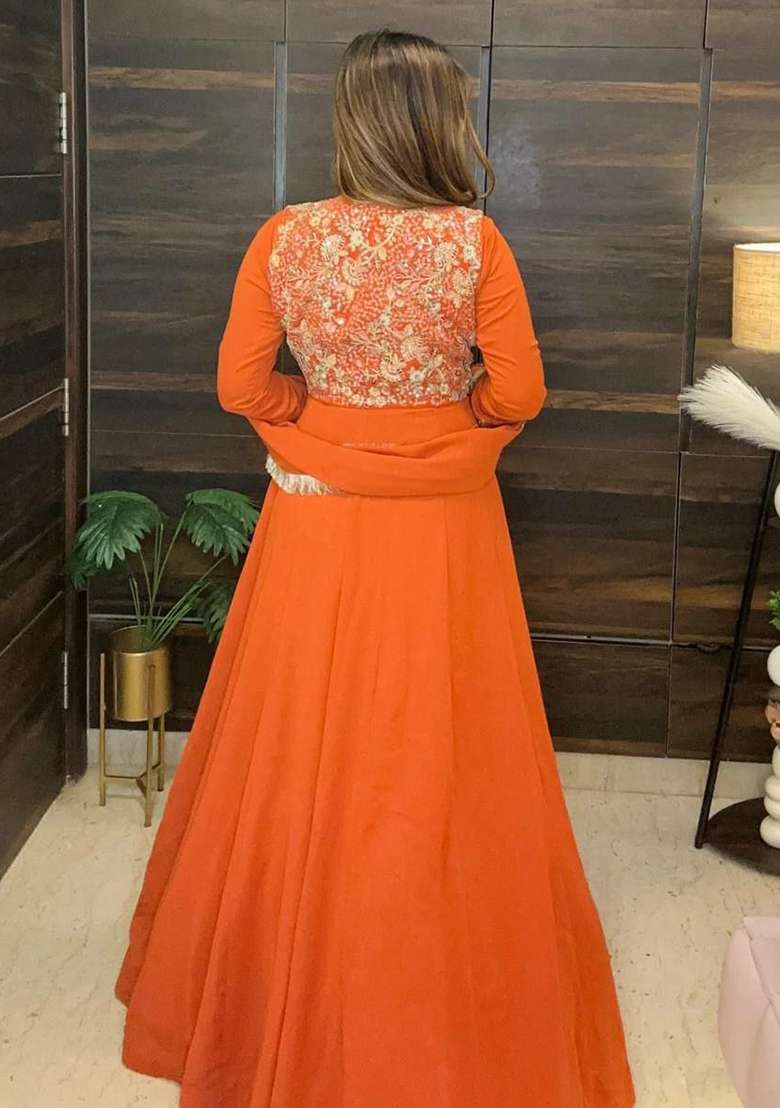Orange Embroidered Georgette Anarkali Set - Indya