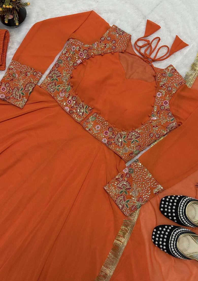 Orange Embroidery Georgette Kurta Set - Indya