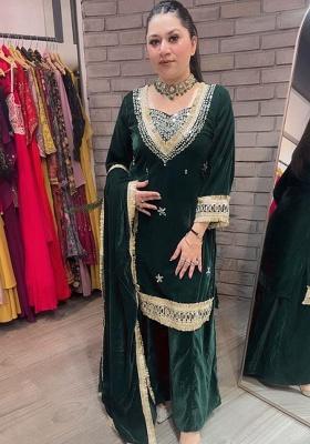 Green Embroidery Velvet Kurta Set