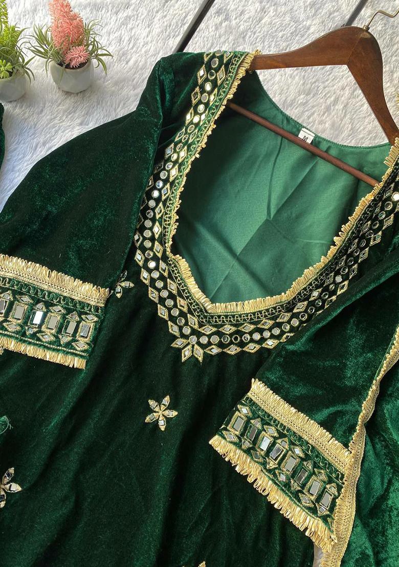 Green Embroidery Velvet Kurta Set - Indya