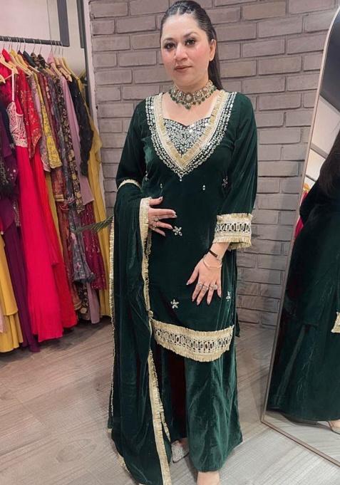 Green Embroidered Velvet Pakistani Suit Set