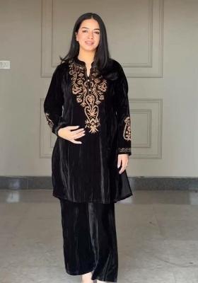 Black Embroidery Velvet Kurta Set