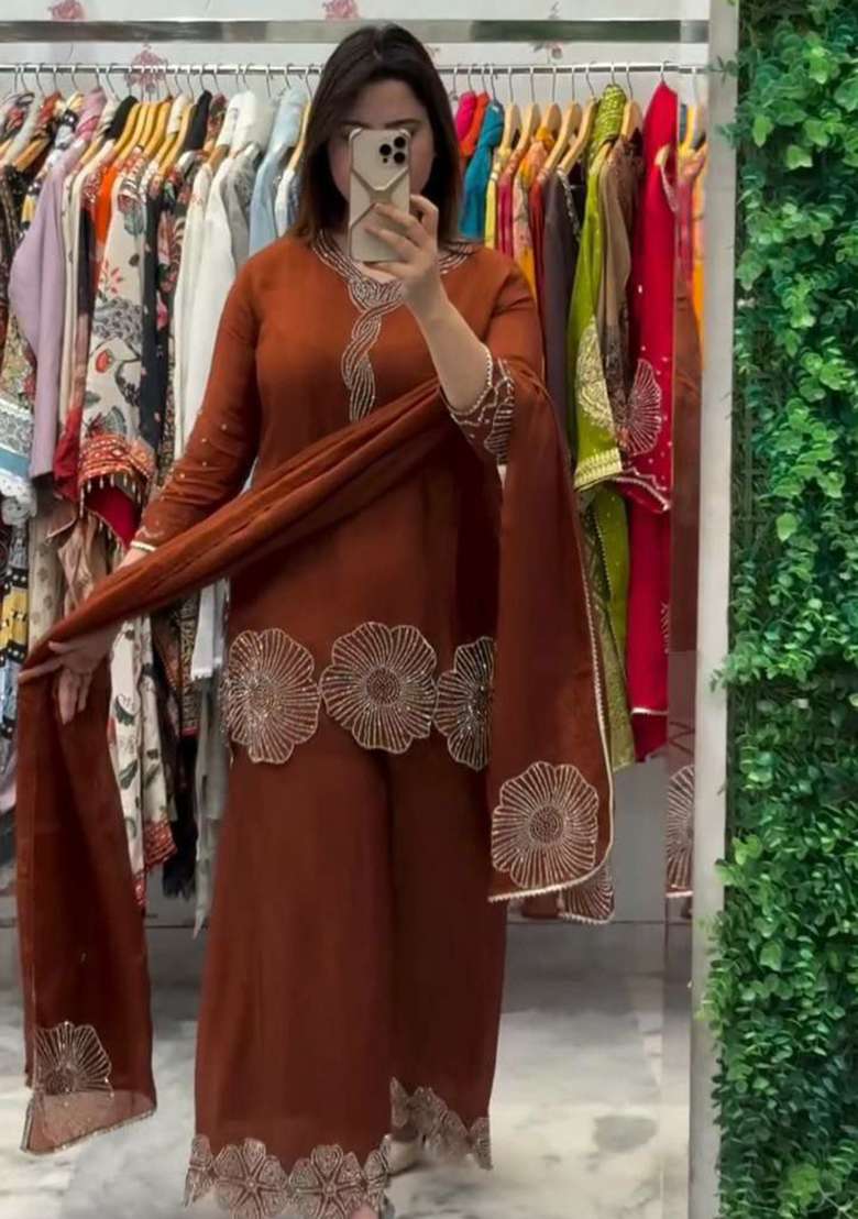 Orange Embroidered Blended Pakistani Suit Set - Indya