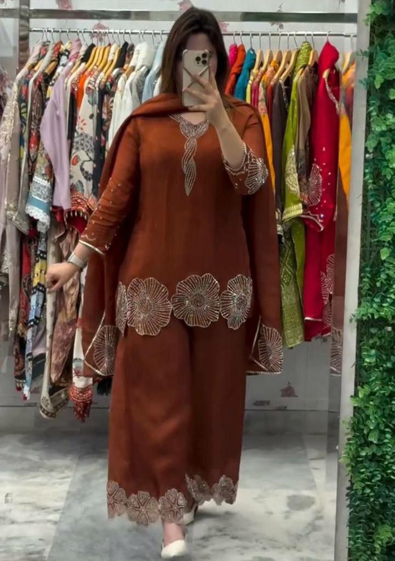 Orange Embroidery Poly Blended Kurta Set - Indya