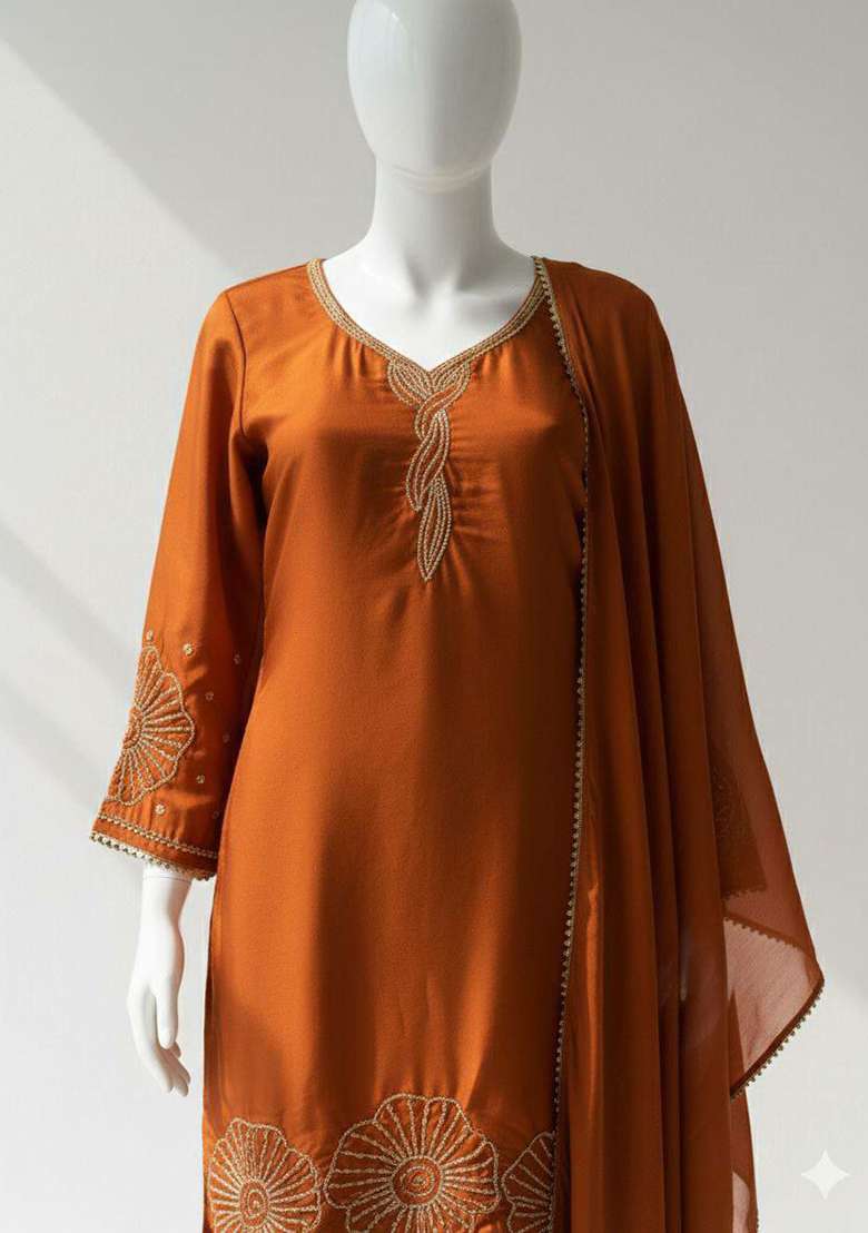Orange Embroidered Blended Pakistani Suit Set - Indya