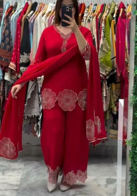 Red Embroidery Poly Blended Kurta Set