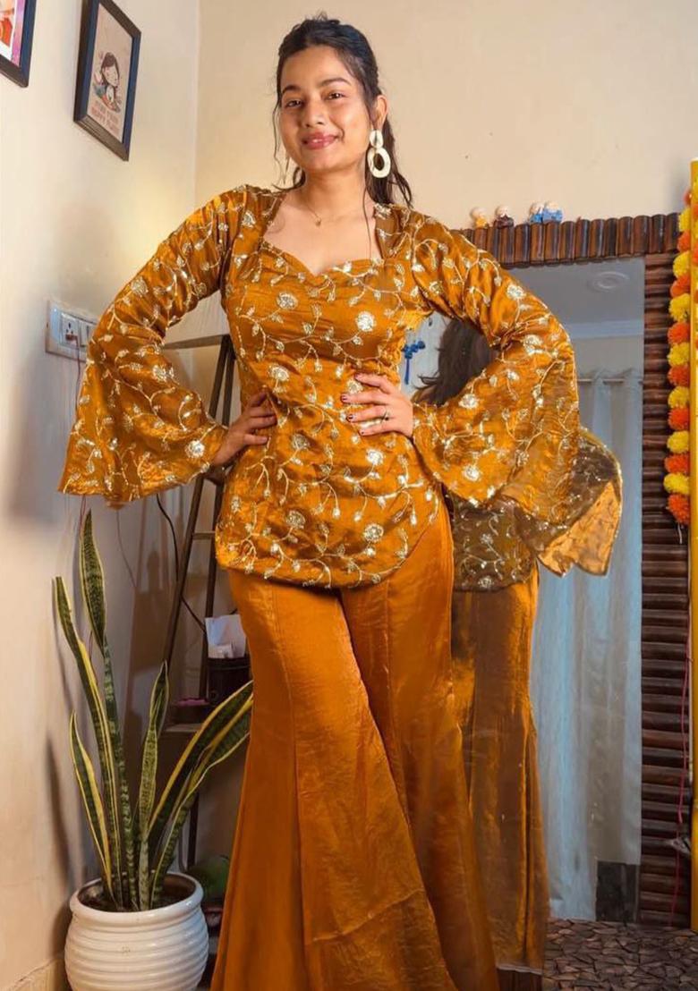 Yellow Embroidery Blended Kurta Set - Indya