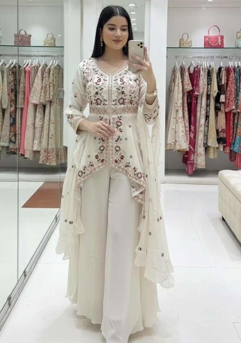 White Embroidered Silk Blend Pakistani Suit Set - Indya