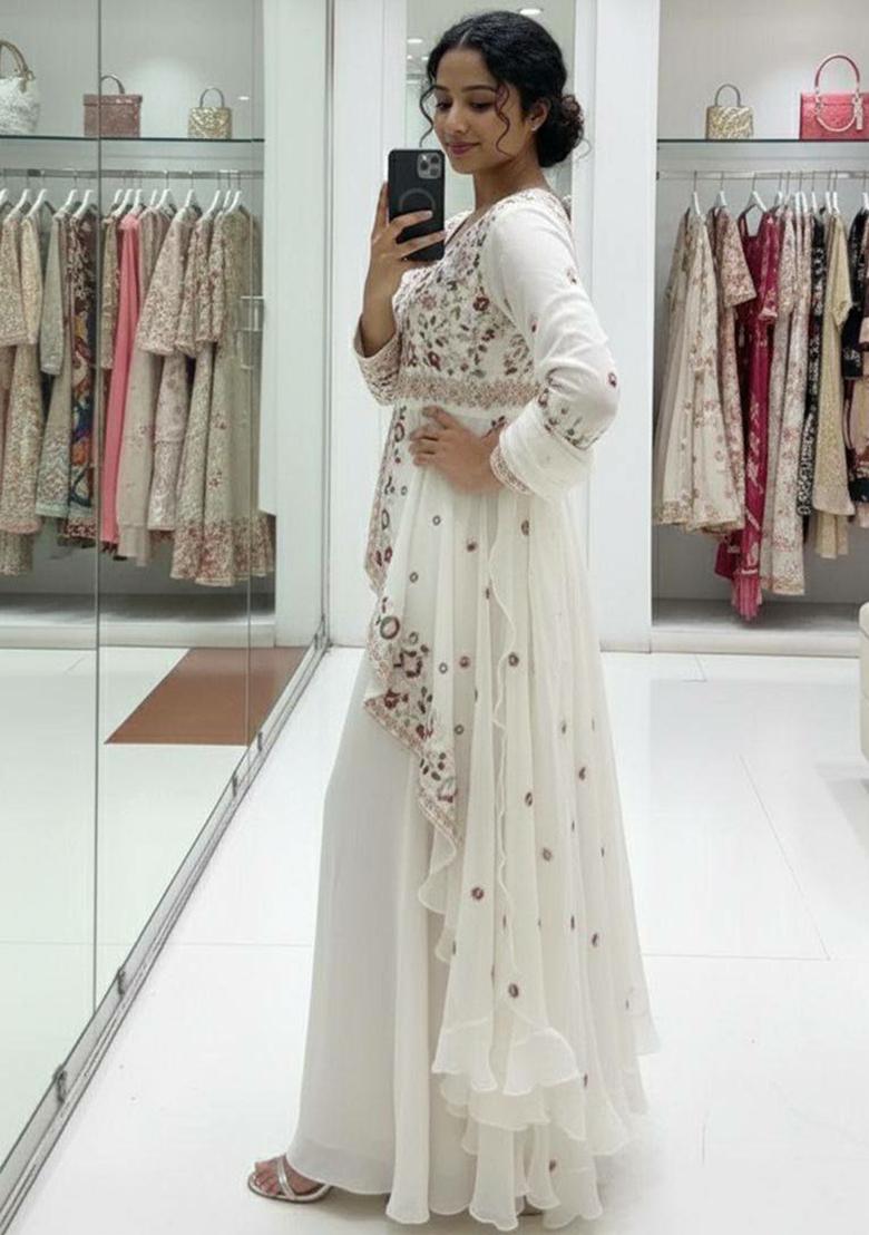 White Embroidery Silk Kurta Set - Indya