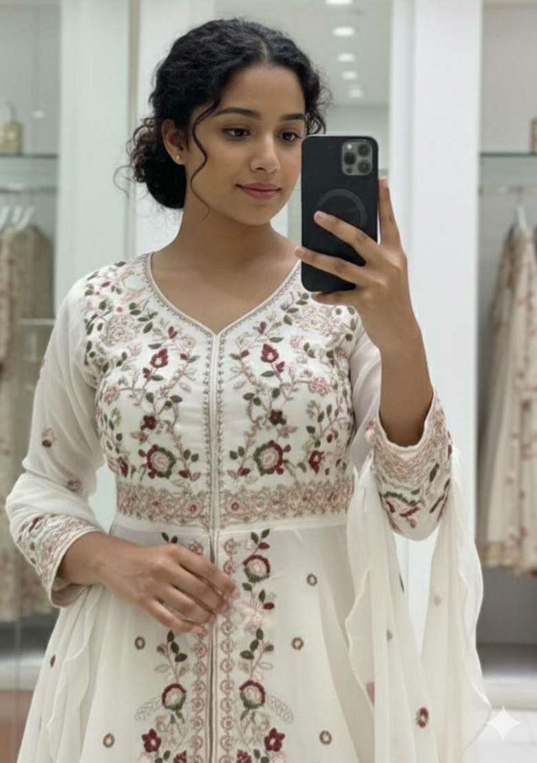 White Embroidered Silk Blend Pakistani Suit Set - Indya