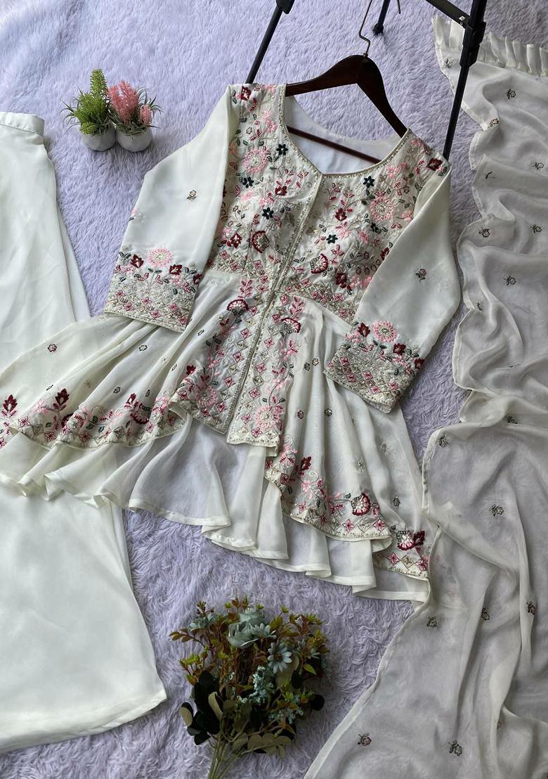 White Embroidery Silk Kurta Set - Indya