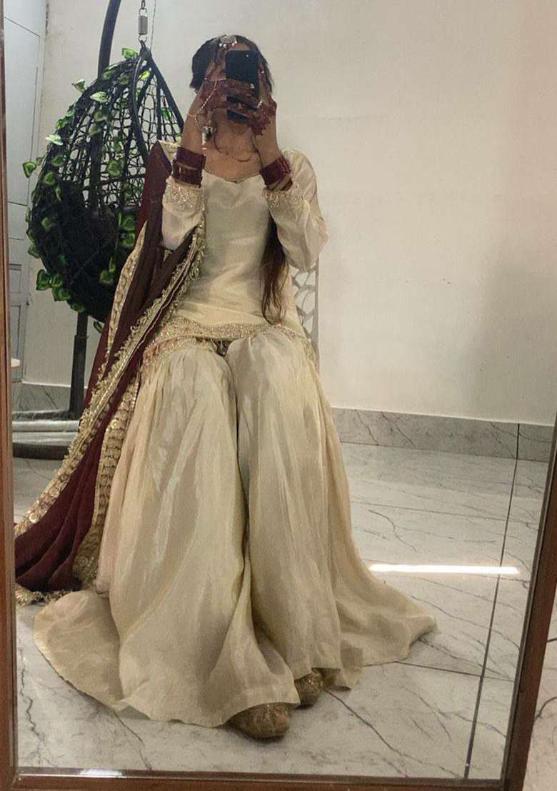 Beige Embroidered Chinon Sharara Set - Indya