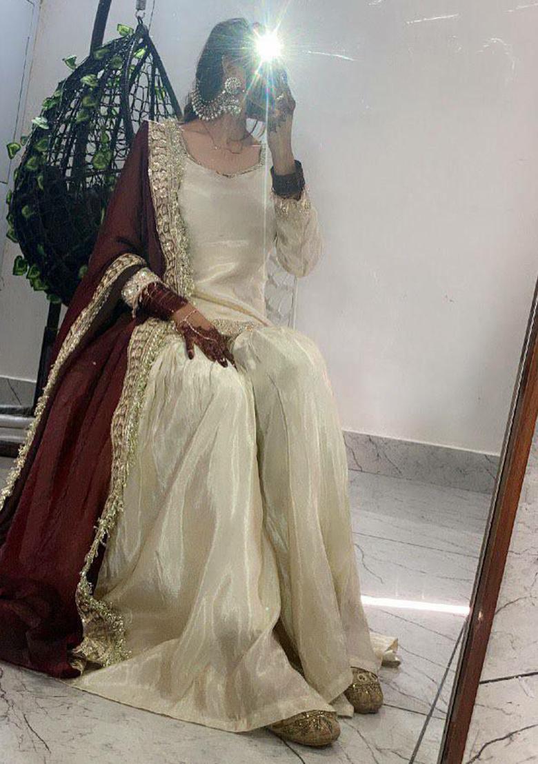 Beige Embroidery Chinnon Kurta Set - Indya