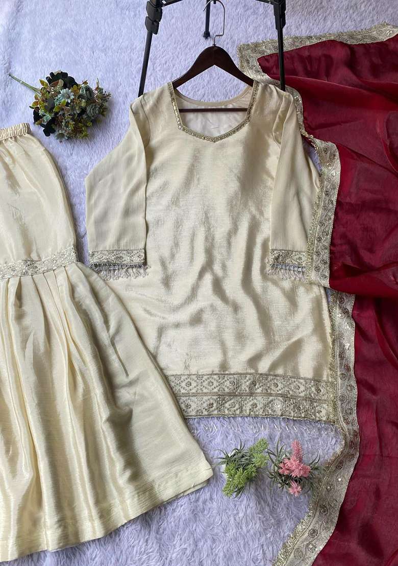 Beige Embroidered Chinon Sharara Set - Indya