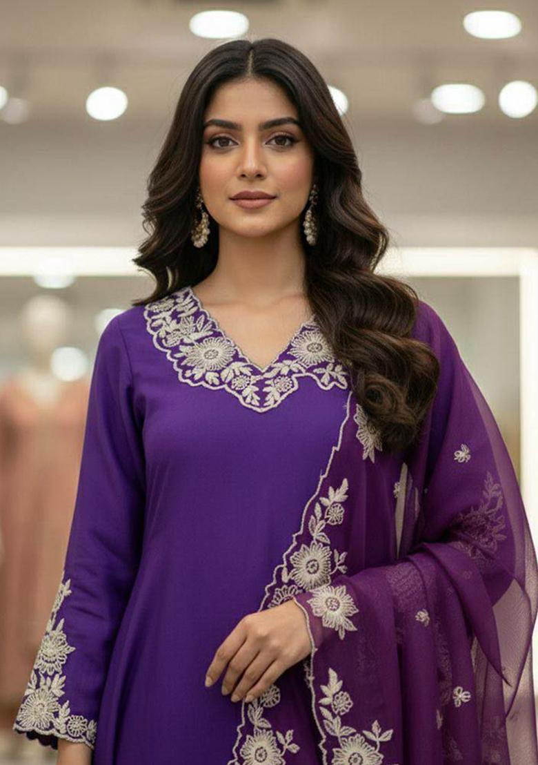 Purple Embroidery Silk Kurta Set - Indya