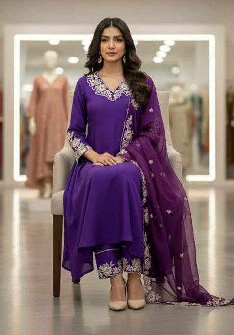 Purple Embroidery Silk Kurta Set