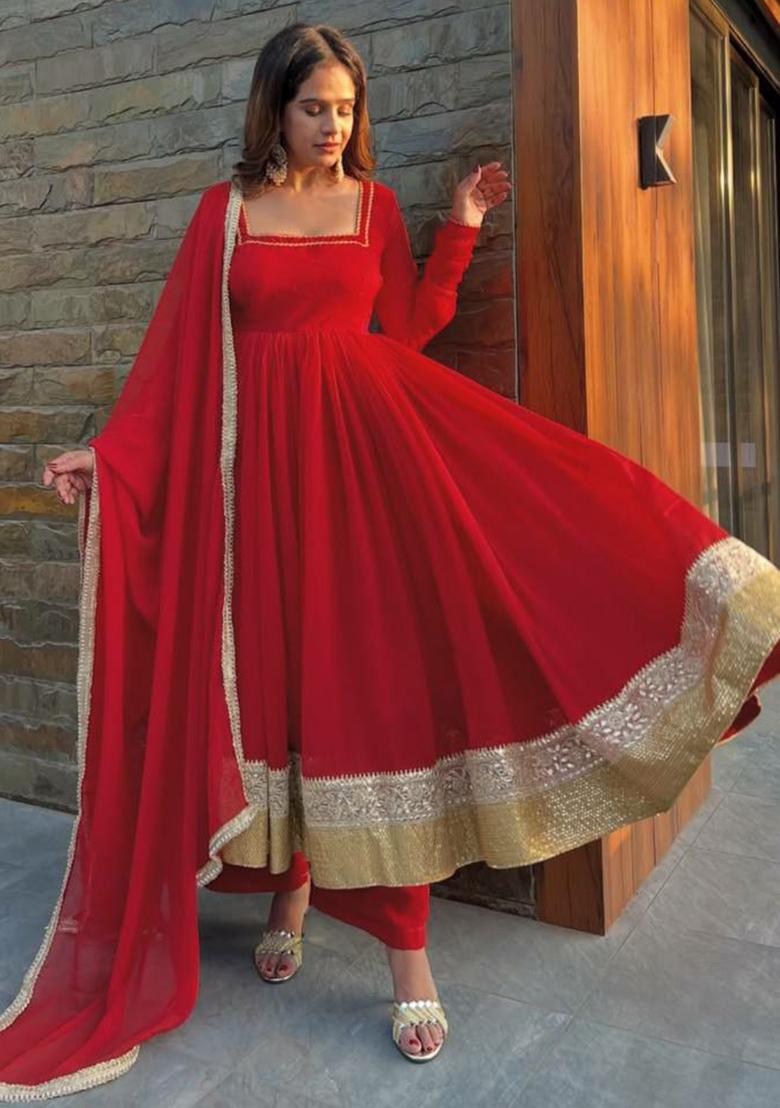 Red Embroidery Georgette Kurta Set - Indya