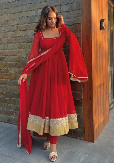 Red Embroidery Georgette Kurta Set