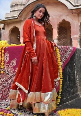 Orange Embroidery Silk Kurta Set