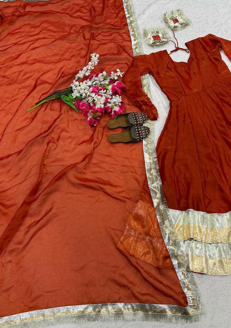 Orange Embroidery Silk Kurta Set - Indya