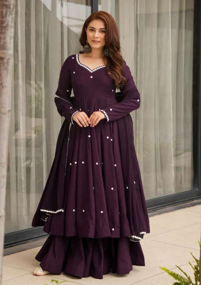 Purple Mirror Work Silk Sharara Set - Indya