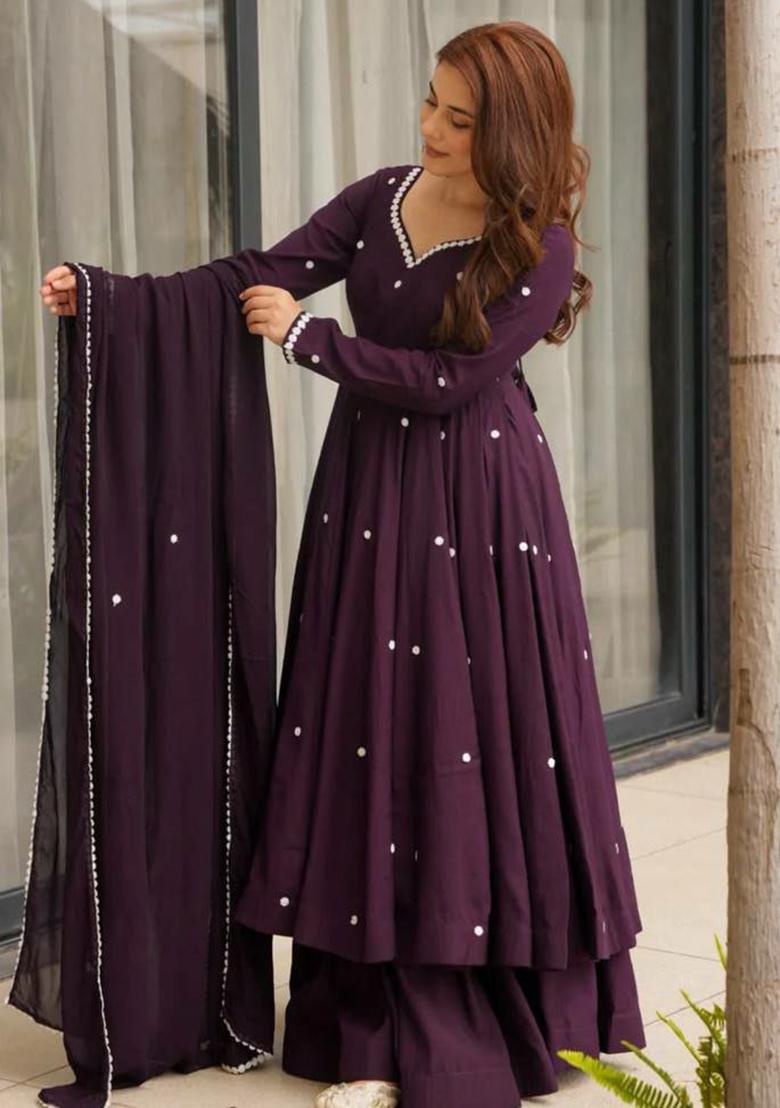 Purple Embroidery Silk Kurta Set - Indya