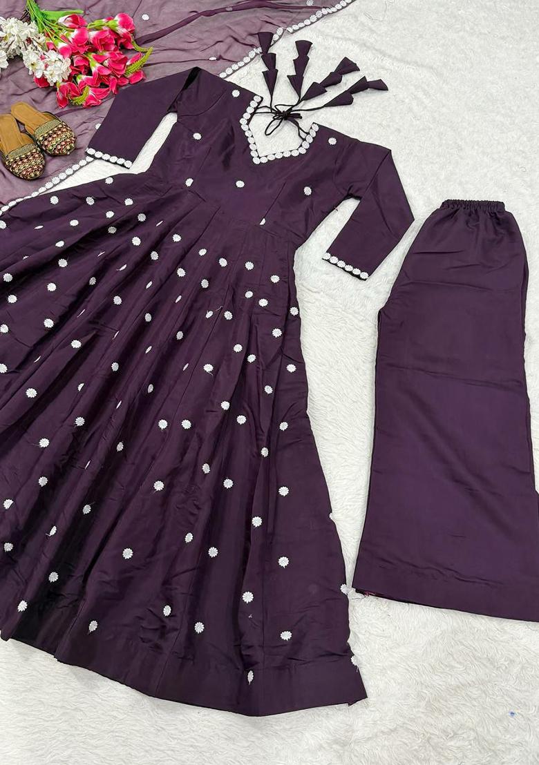 Purple Embroidery Silk Kurta Set - Indya