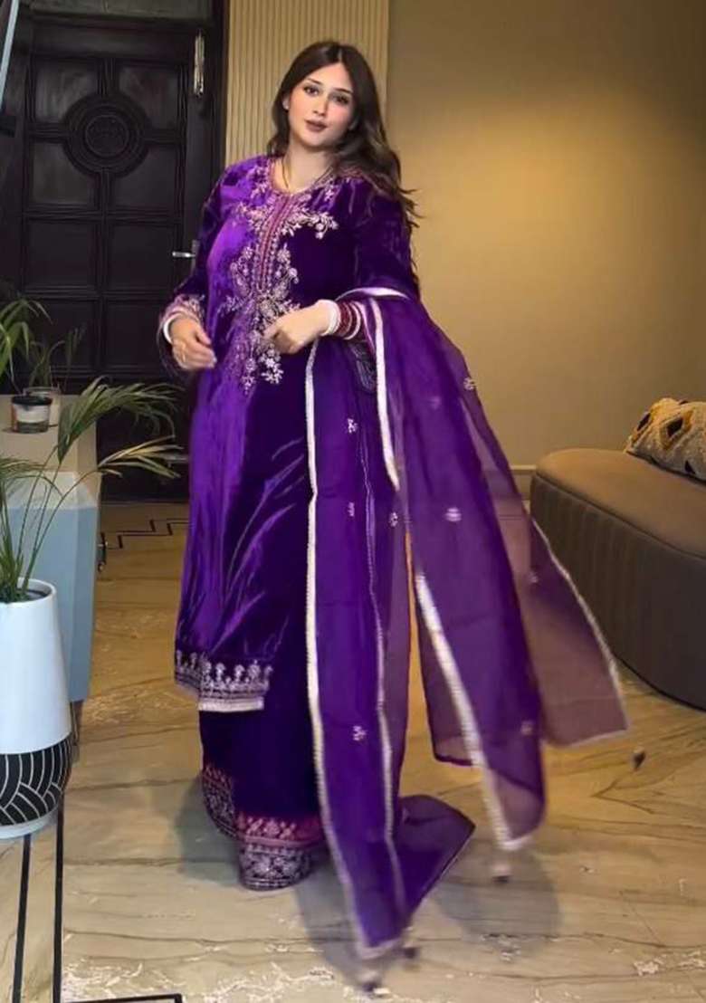Dark Purple Embroidered Velvet Sharara Set - Indya