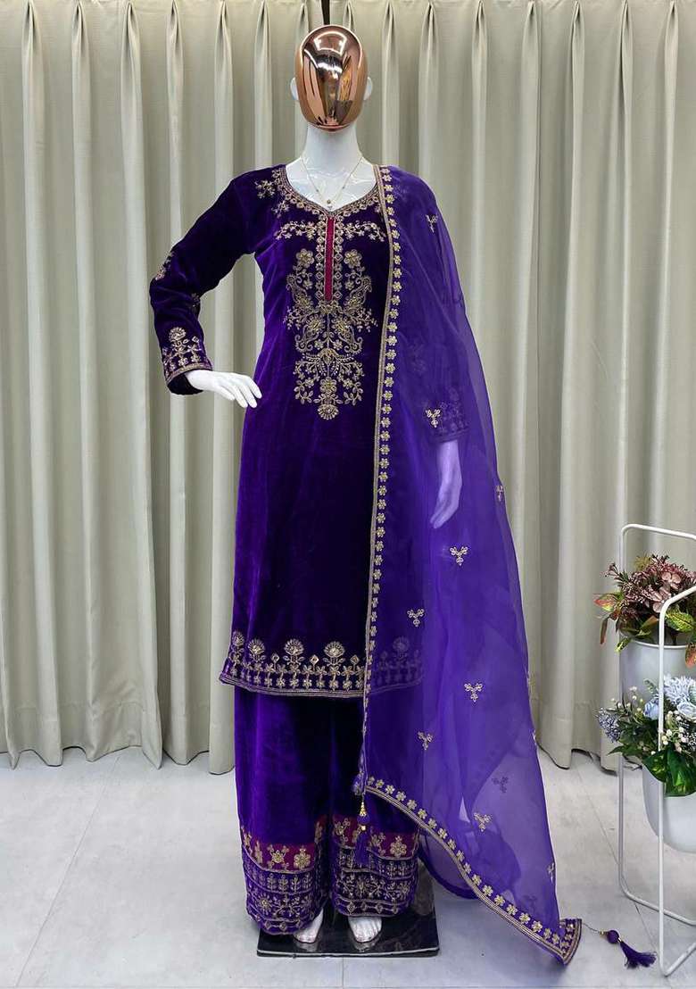 Dark Purple Embroidered Velvet Sharara Set - Indya