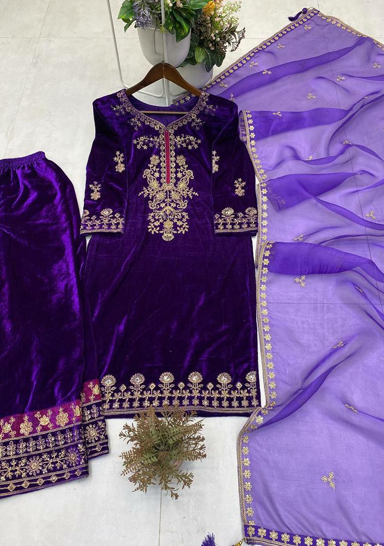Dark Purple Embroidery Velvet Kurta Set - Indya