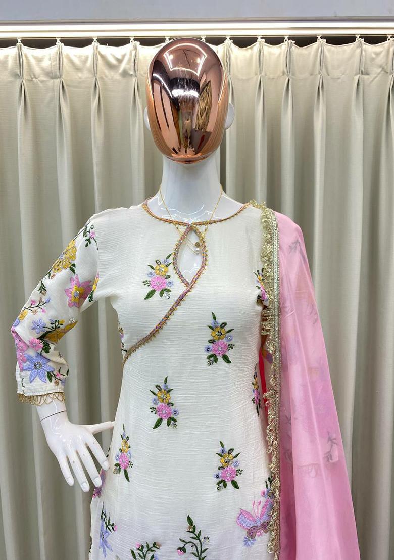 White Embroidery Chinnon Kurta Set - Indya