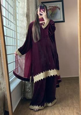 Purple Embroidery Velvet Kurta Set