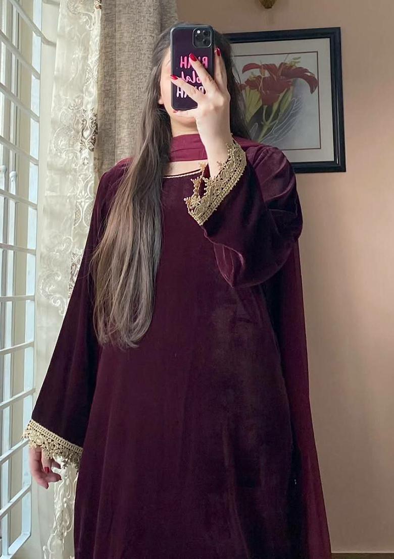 Purple Embroidery Velvet Kurta Set - Indya