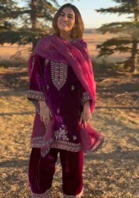 Purple Embroidery Velvet Kurta Set